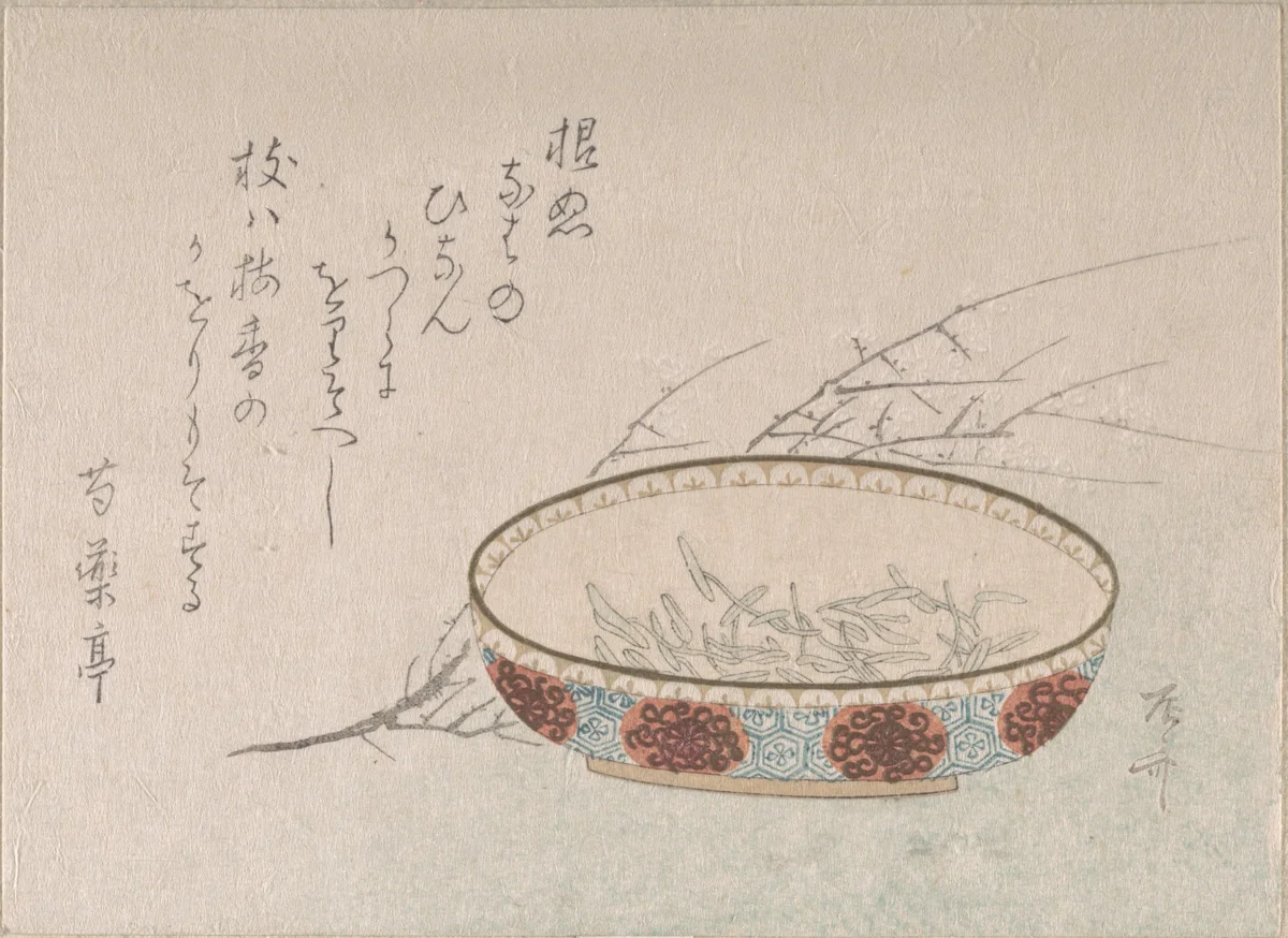 Branch of Plum Blossoms and Bowl by Ryūryūkyo Shinsai (柳々居辰斎), print, 1800-1899