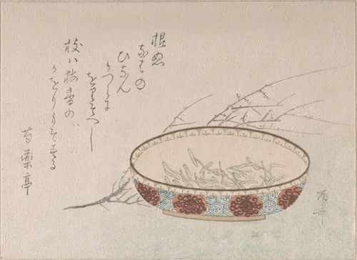 Branch of Plum Blossoms and Bowl by Ryūryūkyo Shinsai (柳々居辰斎), print, 1800-1899