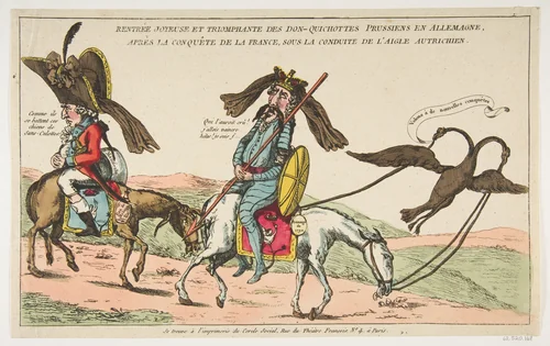 Rentrée joyeuse et triomphale des Don-Quichottes Prussiens en Allemagne, après la conquête de la France, sous conduite de l'Aigle autrichien (The Joyous Triumphal Entry of the Prussian Don Quixote into Germany after the Conquest of France, Accompanied by the Austrian Eagle) by anonymous, print, 1787-1797