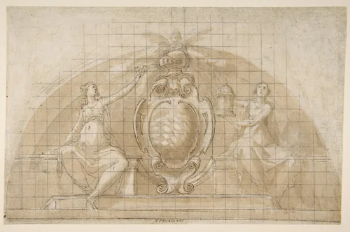 Design for a Lunette Decoration: Coat of Arms Flanked by Seated Allegorical Figures (recto and verso) by Cristoforo Roncalli, drawing, 1553-1626
