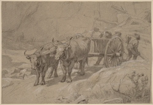 Oxen and Dump Cart by Edwin Forbes, drawing, 1860-1880