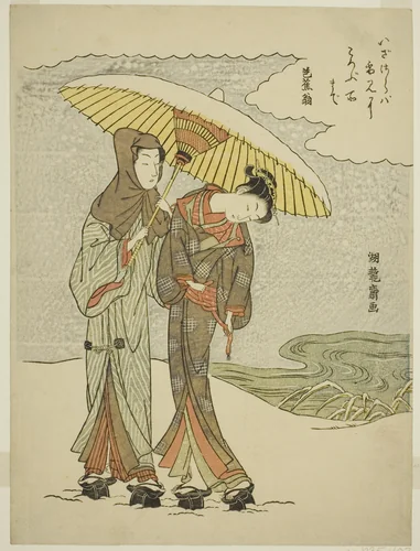 Young Couple Under an Umbrella in the Snow by Isoda Koryusai, print, 1763-1773