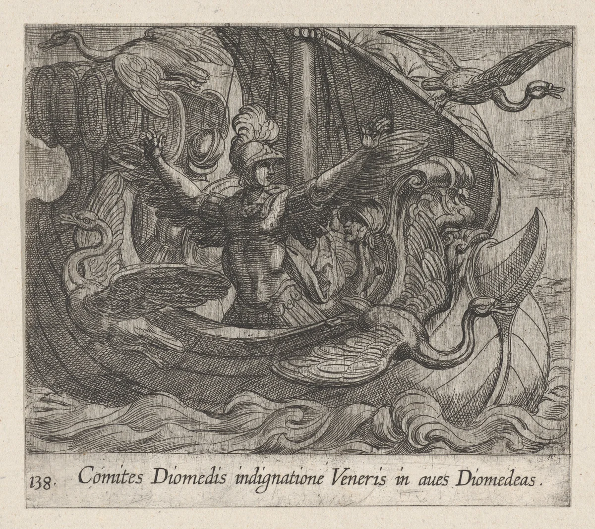 Plate 138: Acmon and his Friends Changed into Birds (Comites Diomedis indignatione veneris in aves Diomedeas), from Ovid's 'Metamorphoses' by Antonio Tempesta, print, 1606