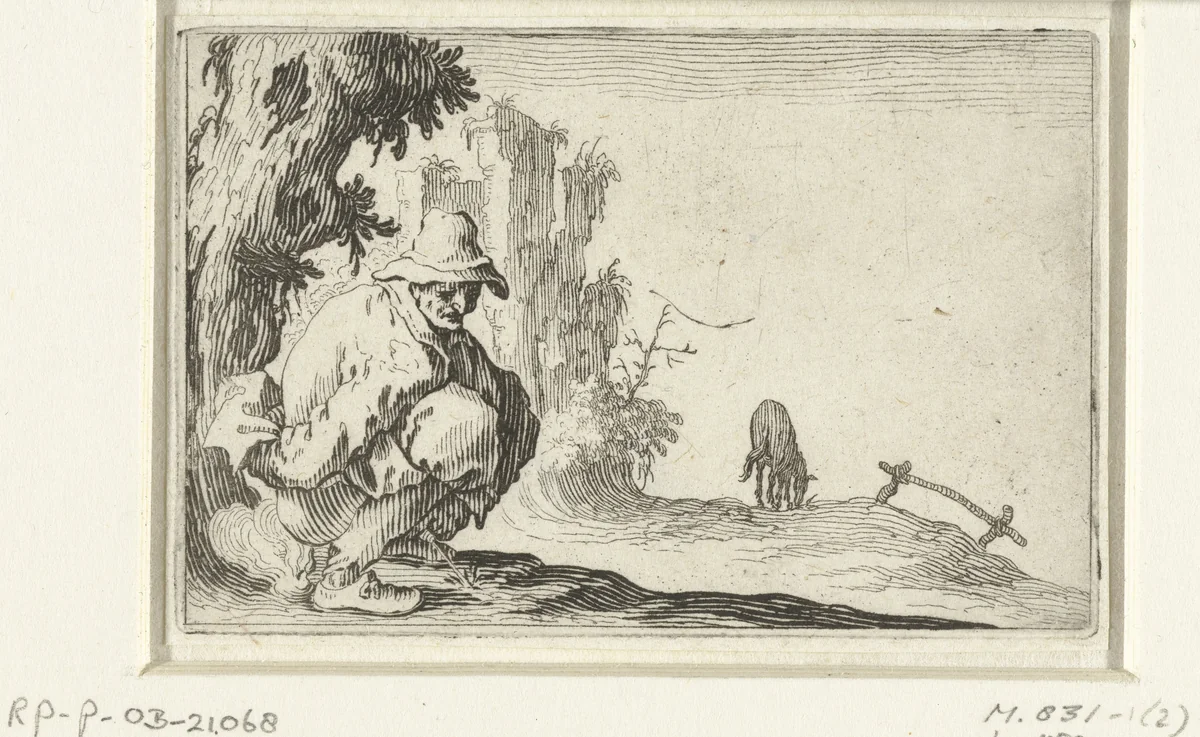 Hurkende man by Jacques Callot, print, 1621