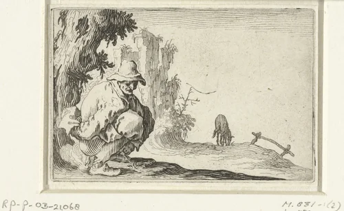 Hurkende man by Jacques Callot, print, 1621