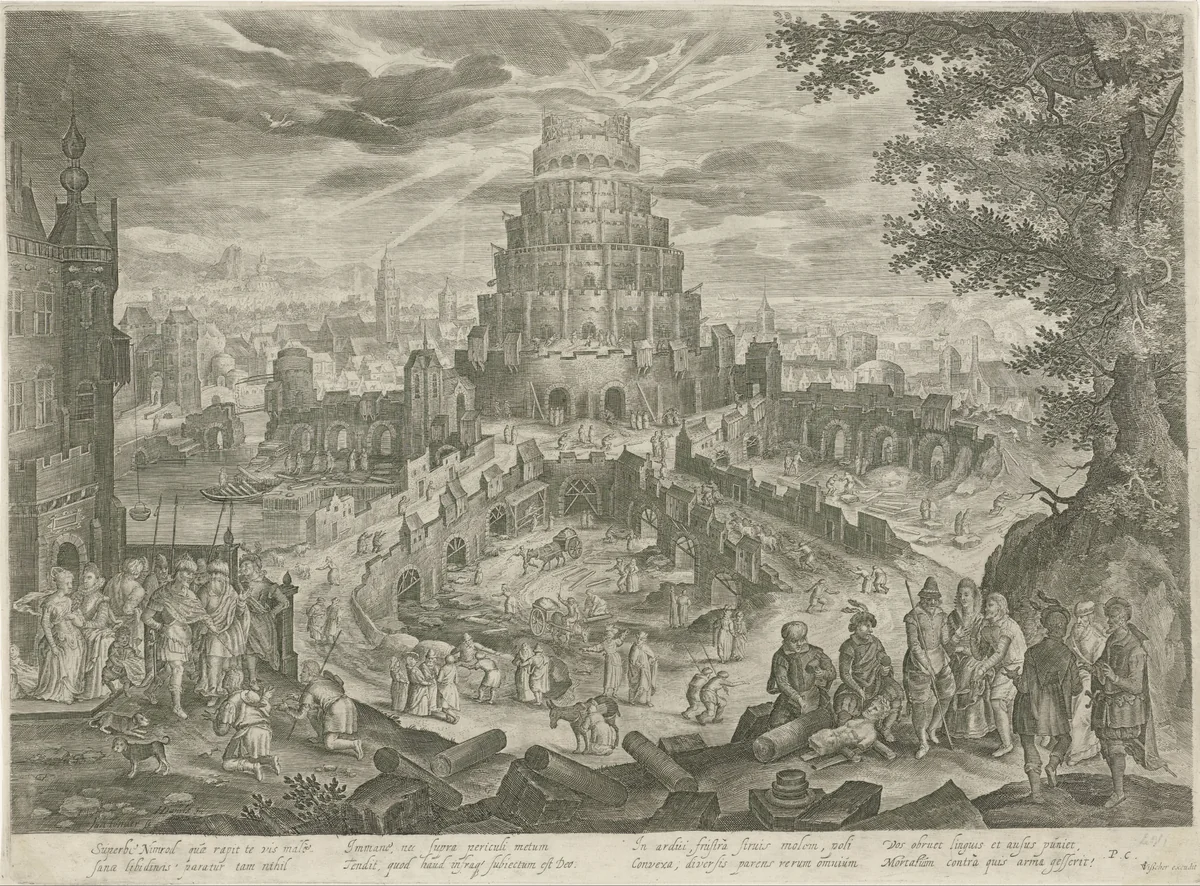 Nimrod laat de Toren van Babel bouwen by Unknown, print, 1585-1625