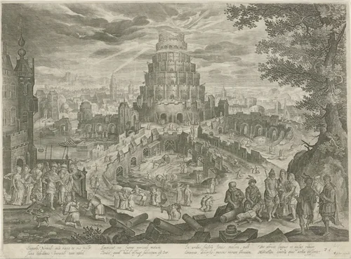 Nimrod laat de Toren van Babel bouwen by Unknown, print, 1585-1625