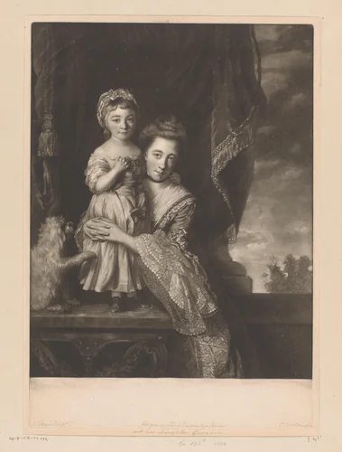 Portret van Margaret Georgiana Spencer en haar dochter Georgiana by James Watson, print, 1769-1771