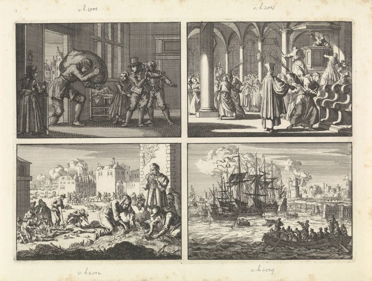 Tijdens het beleg van La Rochelle krijgt de weduwe van Prosui door een onbekende een zak graan gebracht, 1628 / De Margarethakerk te La Rochelle wordt opnieuw katholiek gewijd door preekstoel, pilaren en banken met roeden te geselen, 1628 / Hongersnood tijdens het beleg van La Rochelle, 1628 / Haven van Salé met de Engelse vloot en een sloep Turken, 1638 by Jan Luyken, print, 1698