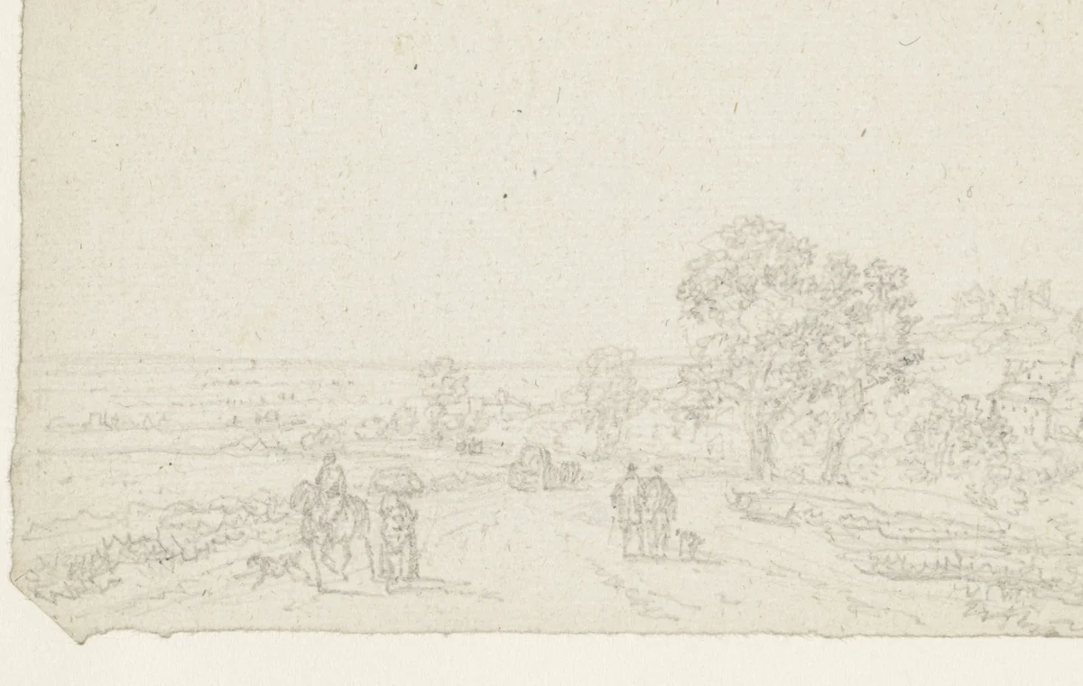 Landweg met ruiter, vrouw met pak op het hoofd, twee voetgangers en een wagen by Georges Michel, drawing, 1773-1843