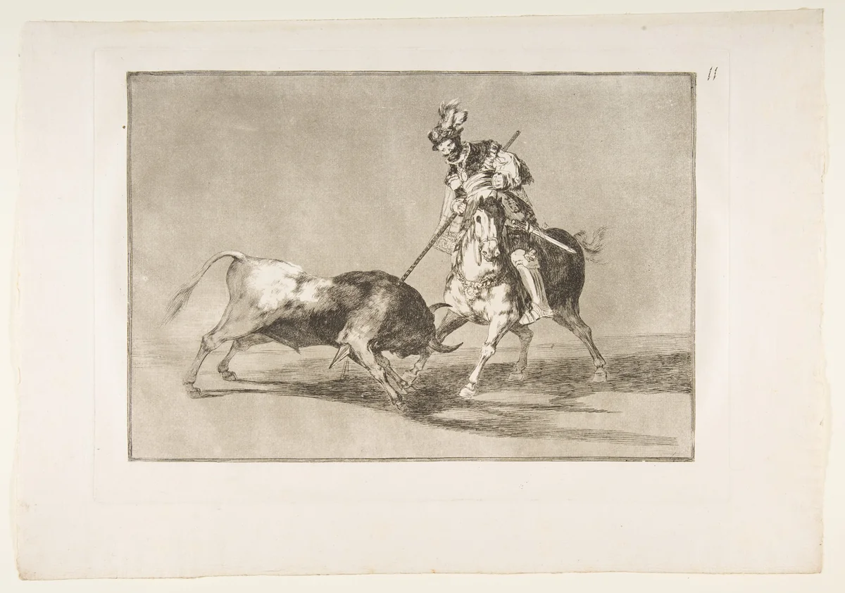 Plate 11 from "La Tauromaquia": The Cid campeador spearing another bull by Goya, print, 1816