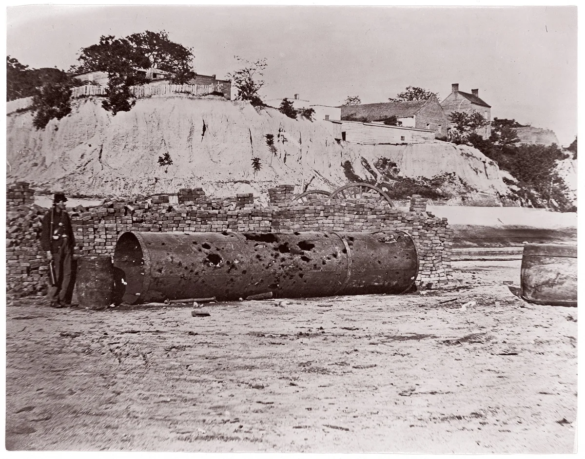 Smokestack of Confederate Ram Merrimac at Richmond/Remains of Ironclad Ram "Virginia #2", April, 1865 by Alexander Gardner, photograph, 1865