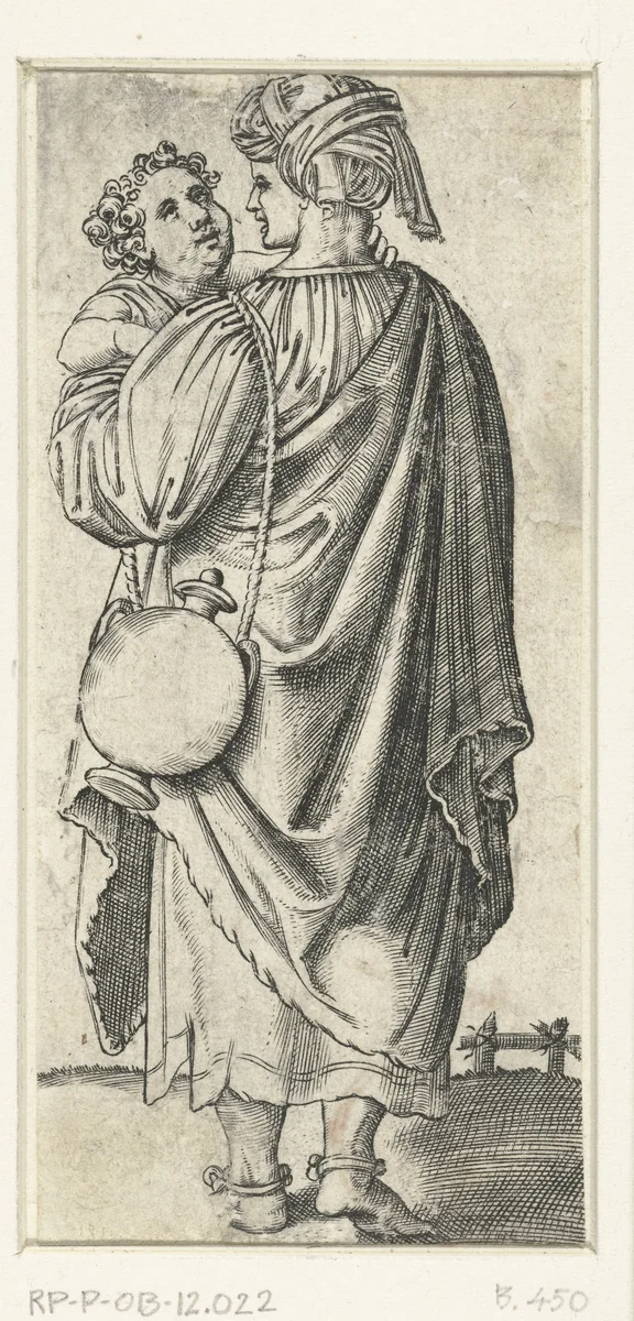 Vrouw met tulband of hoofddoek en kruik draagt kind op arm by Unknown, print, 1510-1527