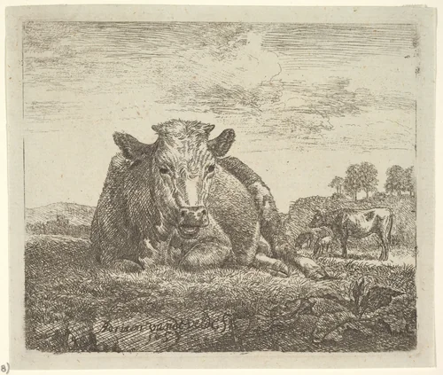Recumbent Cow, plate 2 from "Different Animals" by Adriaen van de Velde, print, 1657