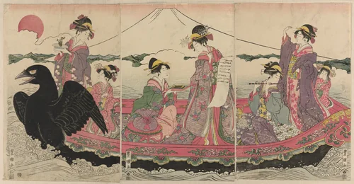 Women on a boat at New Year imitating the Seven Gods of Good Fortune by Utagawa Toyokuni I (初代 歌川 豊国), print, 1769-1825