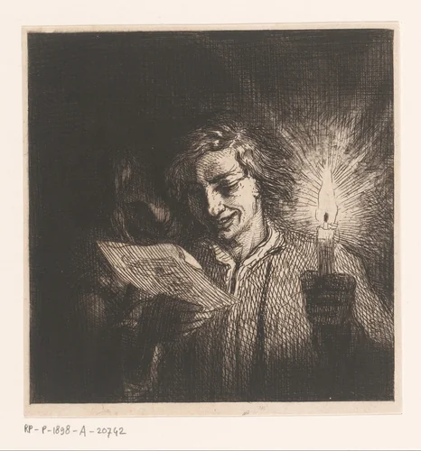 Twee brief-lezende figuren bij kaarslicht by Charles Emile Jacque, print, 1844