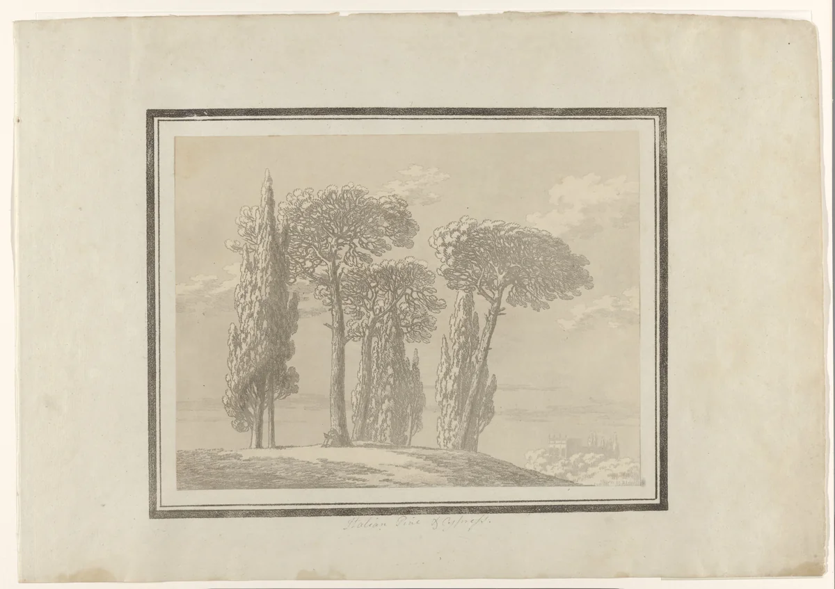 Italiaanse pijnboom en cipres by John Robert Cozens, print, 1789