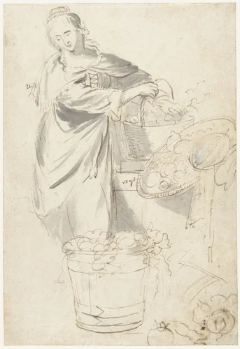 Vrouw staande naast een uitstalling van fruit by Unknown, drawing, 1589-1657
