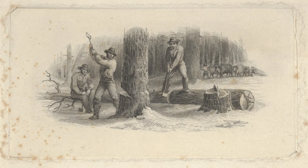 Banknote vignette showing woodsmen felling trees in a snowy forest by Asher Brown Durand, print, 1819-1837
