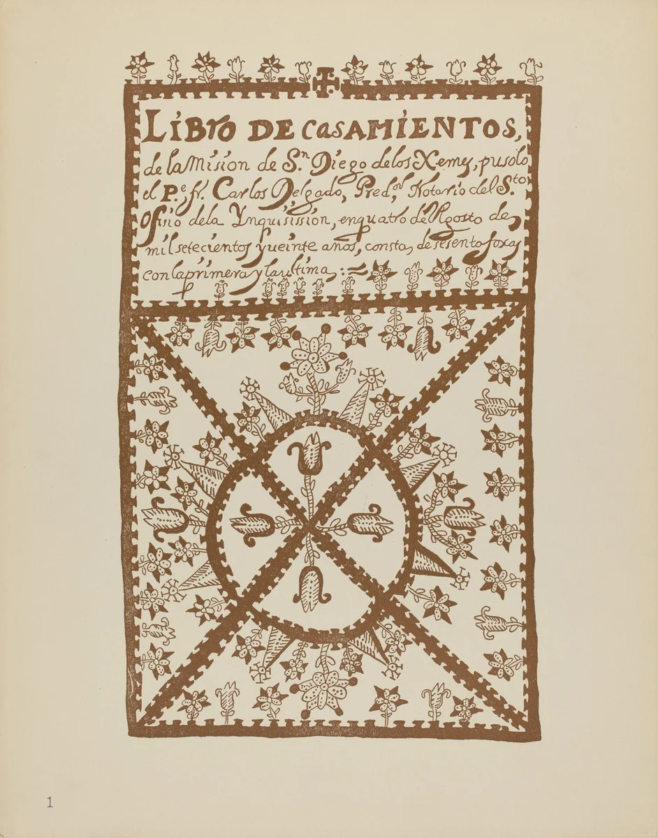 Plate 1: Jemez Book of Marriages: From Portfolio "Spanish Colonial Designs of New Mexico" by American 20th Century, index of american design, 1935-1942