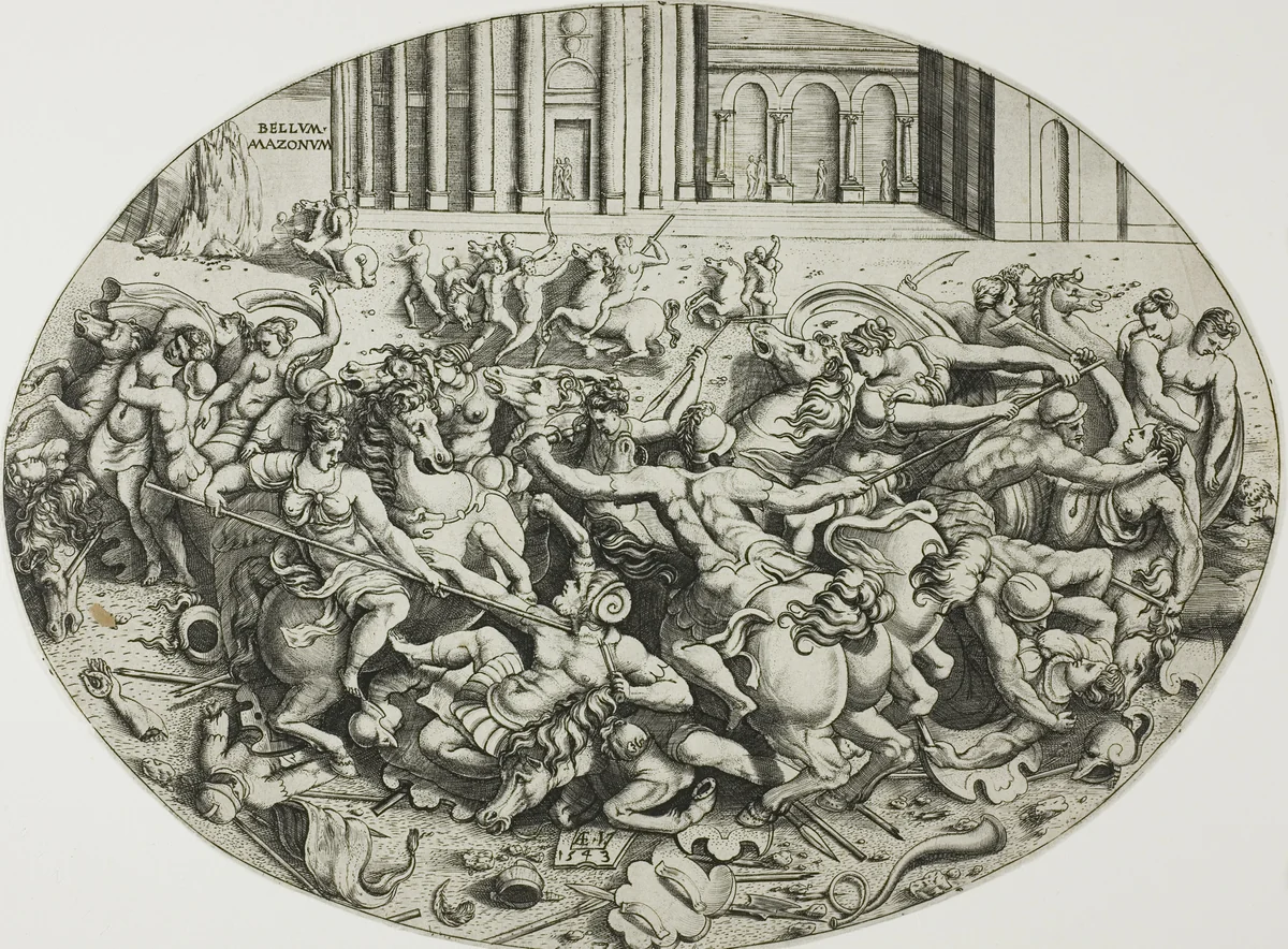 The Battle of the Amazons by Enea Vico, print, 1543