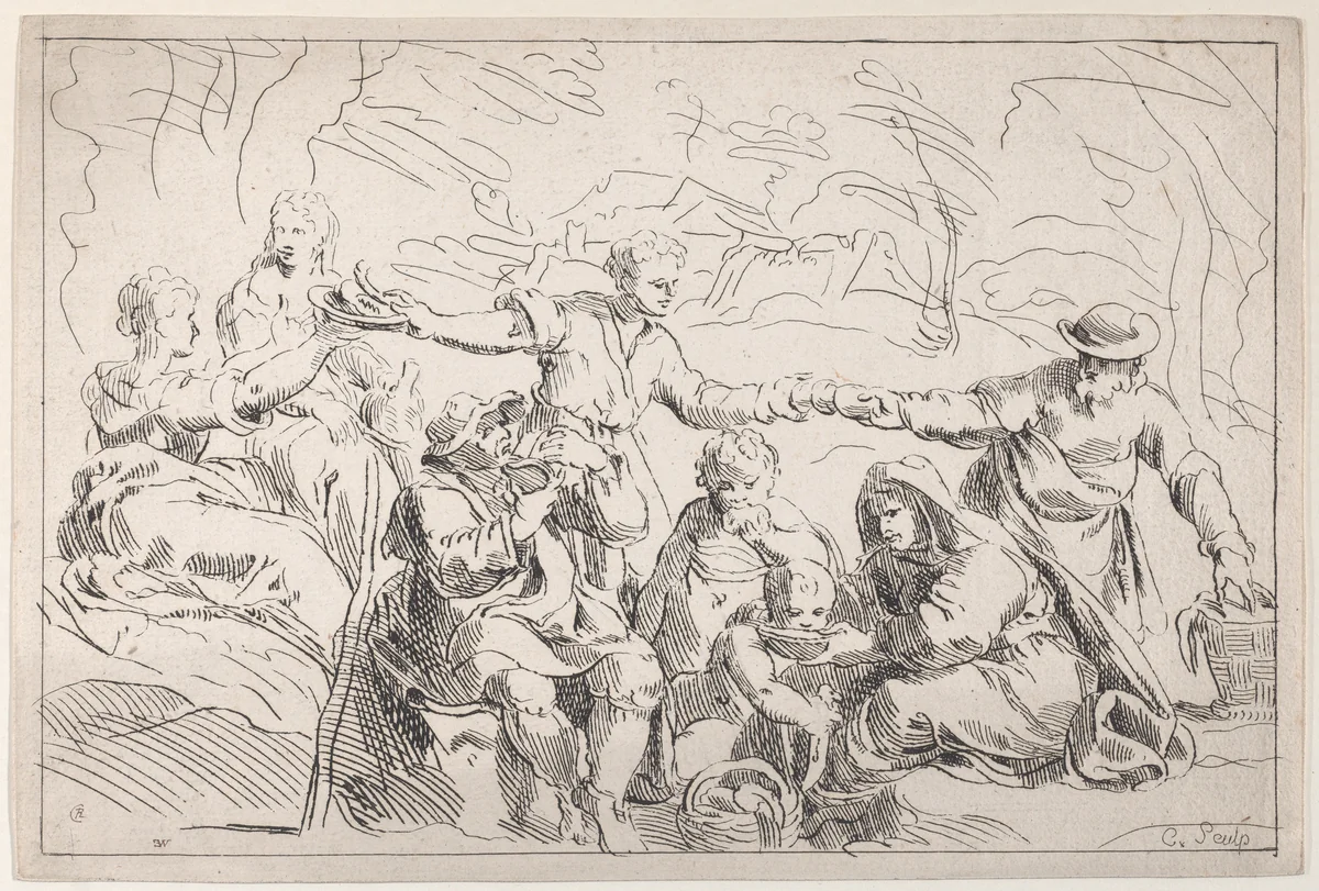 A Party Eating Outdoors by Anne Claude Philippe de Tubières, print, 1712-1765