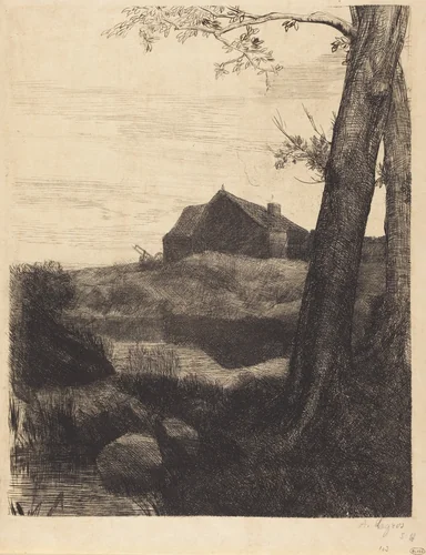 Farm with Large Tree (La ferme au grand arbre) by Alphonse Legros, print, 1837-1911