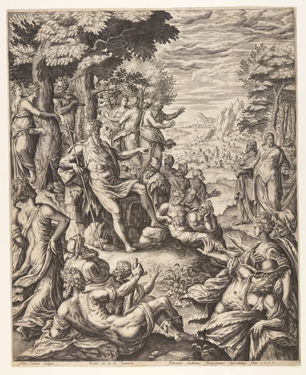 St John the Baptist Preaching by Hans Collaert, print, 1575