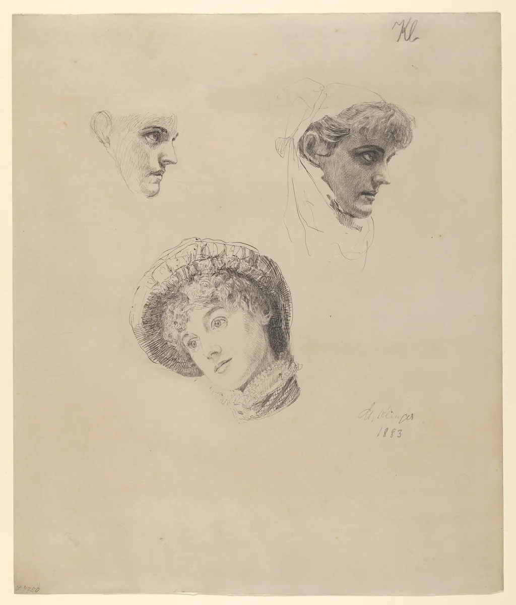 Three Studies of Heads of Women by Max Klinger, drawing, 1883