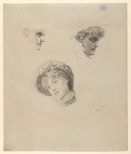 Three Studies of Heads of Women by Max Klinger, drawing, 1883