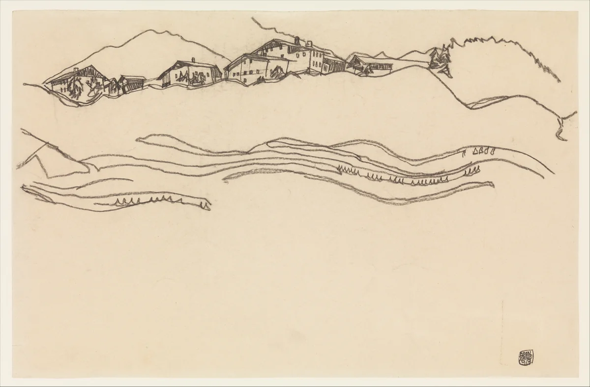 Landscape with Houses by Egon Schiele, drawing, 1917