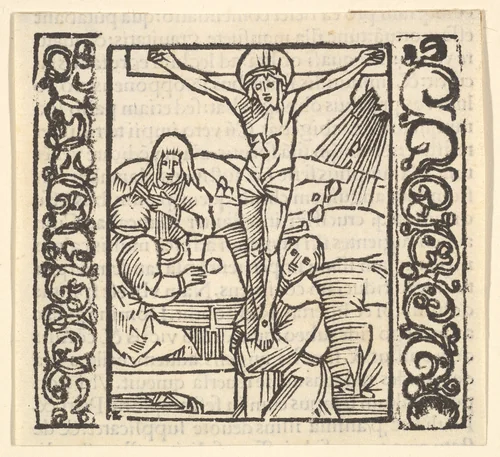 Crucifixion by a table, illustration from Speculum Passionis, 1507 by Hans Baldung, print, 1507