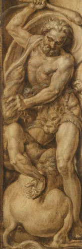 Triomf over de dood: Simson draagt de deuren van de poort van Gaza | Hercules doodt de centaur Nessus by Maarten van Heemskerck, painting, 1550-1560