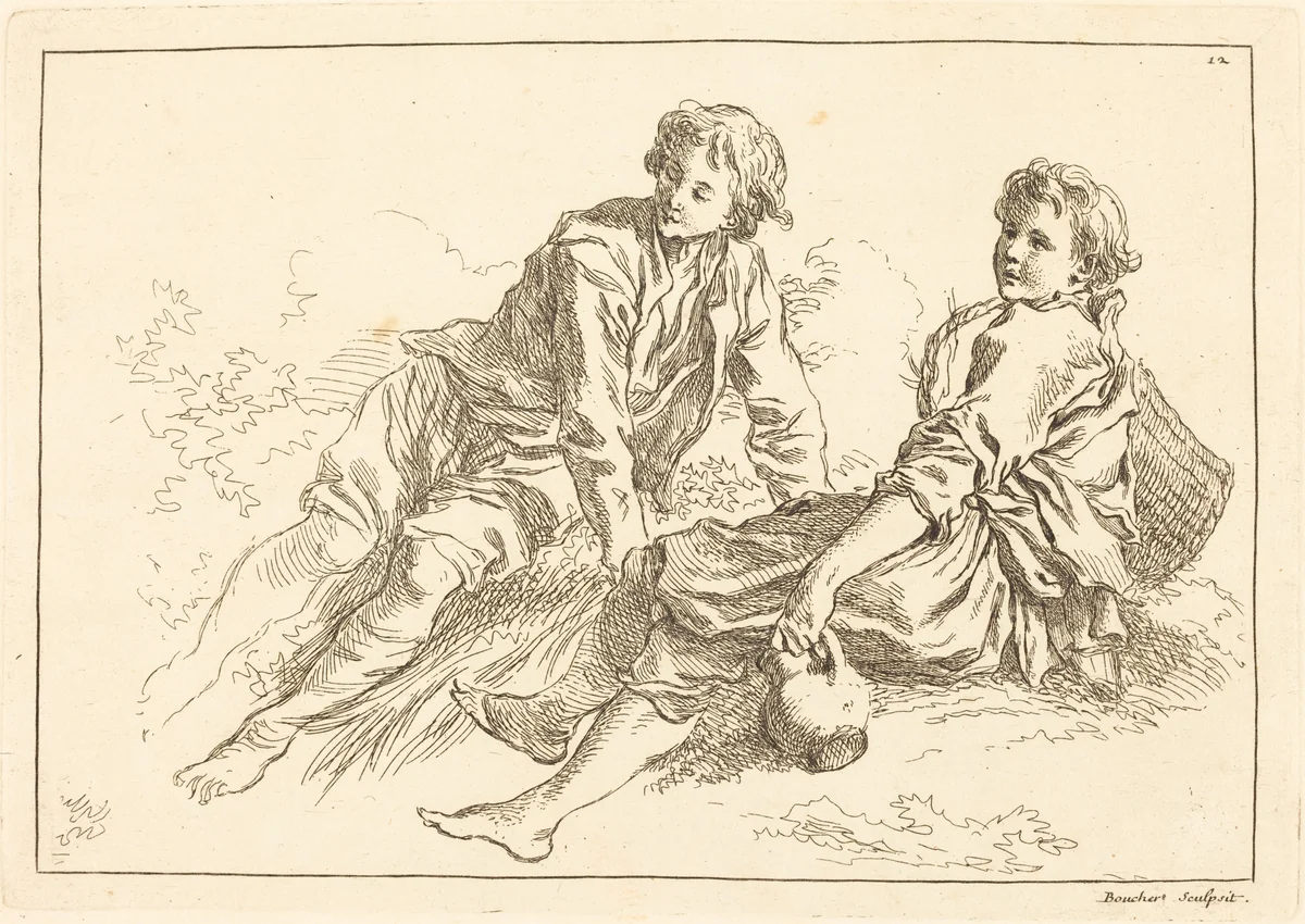 Reclining Shepherd Boys by François Boucher, print, 1735