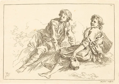 Reclining Shepherd Boys by François Boucher, print, 1735