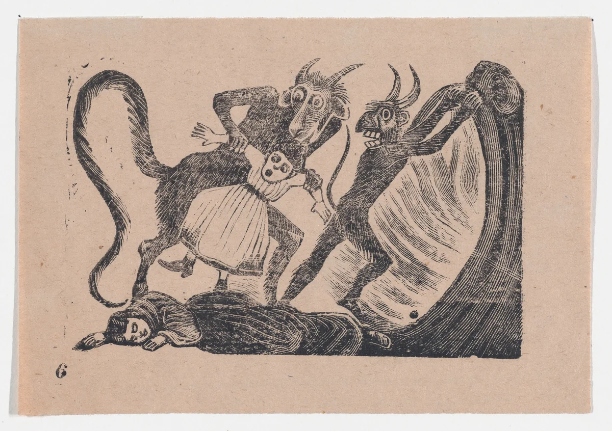 Plate 6: Terrible fate of a young woman who after a calumny was snatched by the devil and dragged to hell by José Guadalupe Posada, print, 1891-1901