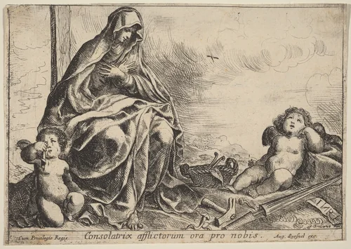Virgin Bowing to Instruments of the Passion by Pierre Brebiette, print, 1598-1650
