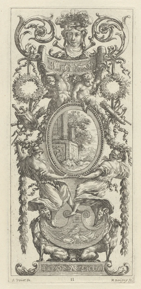 Ornamental Panel Surmounted with a Head Flanked by Foliage by Michel Dorigny; Simon Vouet, print, 1647