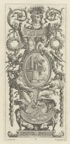 Ornamental Panel Surmounted with a Head Flanked by Foliage by Michel Dorigny; Simon Vouet, print, 1647