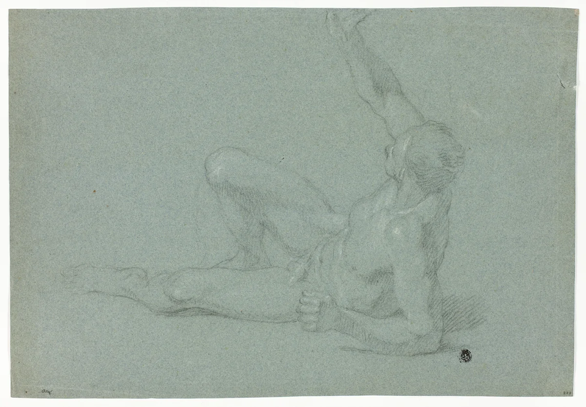 Academic Male Nude in Semi-Reclining Position (recto and verso) by Louis Boullogne, drawing, 1675-1733