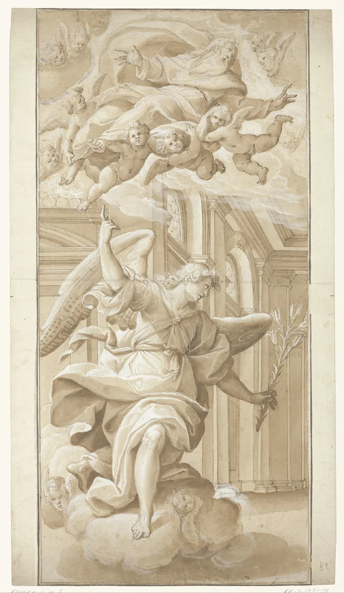 Verkondigingsengel, op wolken tredend by Giovanni Mauro della Rovere, drawing, 1585-1640