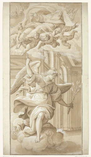 Verkondigingsengel, op wolken tredend by Giovanni Mauro della Rovere, drawing, 1585-1640