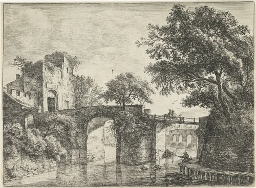 Twee stenen bruggen over een rivier by Anthonie Waterloo, print, 1630-1663