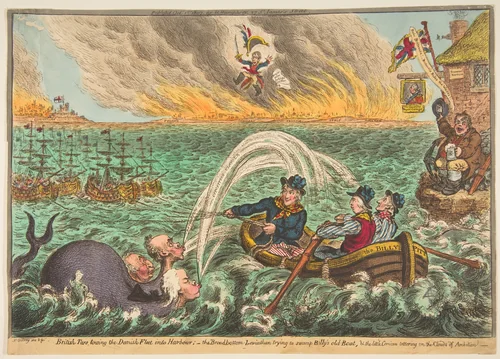British Tars Towing the Danish Fleet into Harbour; the Broad-Bottom Leviathan trying Billy's Old Boat, and the Little Corsican tottering on the Clouds of Ambition by James Gillray, print, 1807