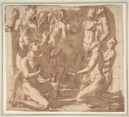 Group of Nude Male Figures Kneeling and Standing in Supplication by Giovanni Baglione, drawing, 1593-1603