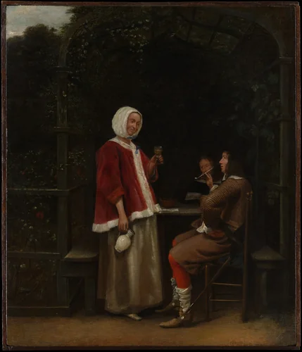 A Woman and Two Men in an Arbor by Pieter de Hooch, painting, 1657-1658