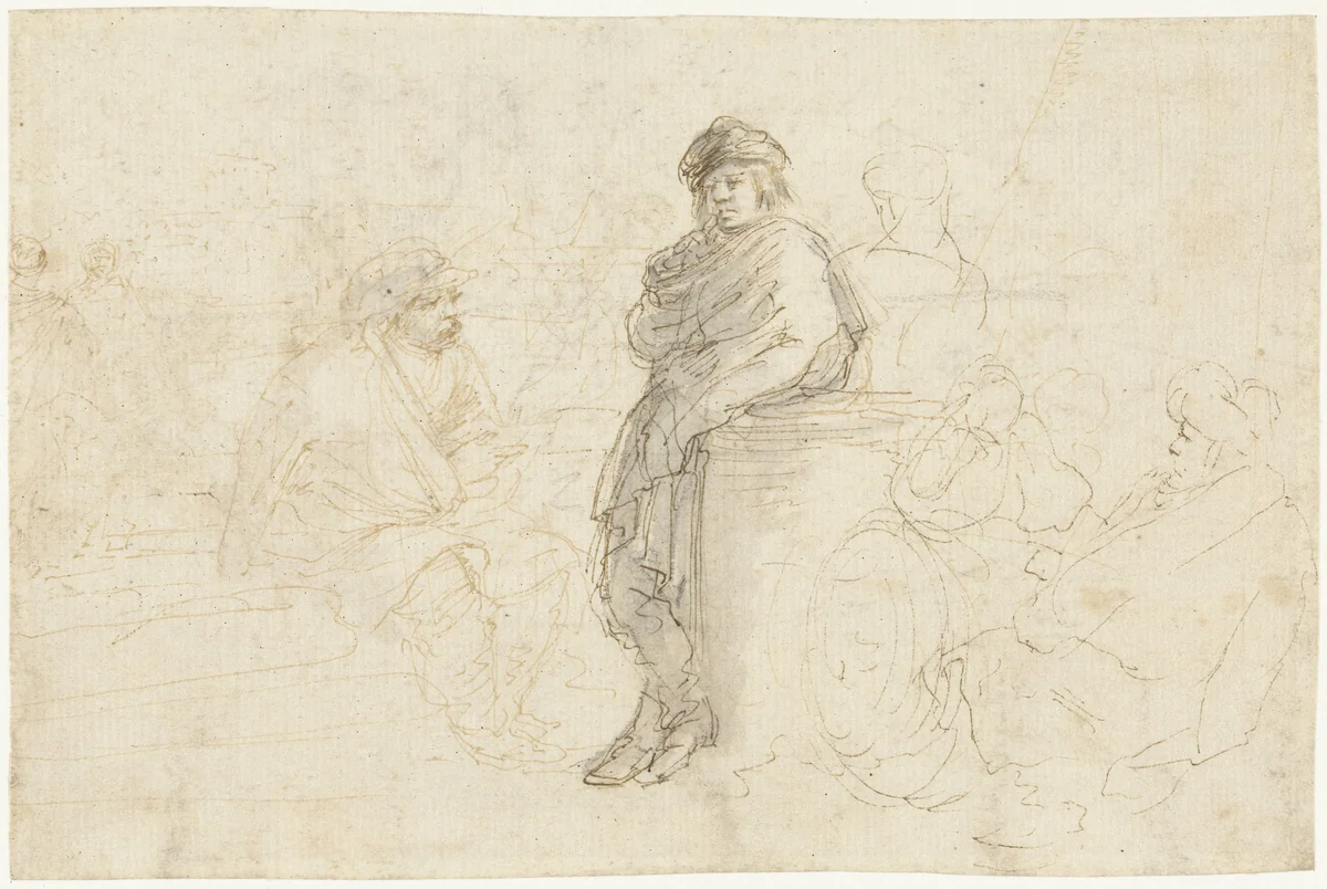 Wachtende oosterlingen op een kade by Stefano della Bella, drawing, 1644