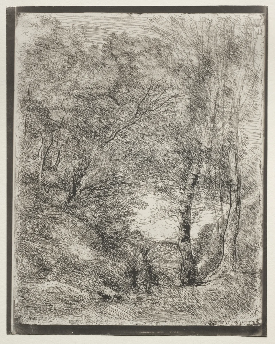 The Gardens of Horace by Jean-Baptiste-Camille Corot, print, 1921