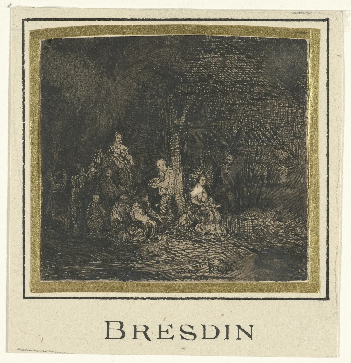 Aanbidding der herders in een stalinterieur by Rodolphe Bresdin, drawing, 1832-1885