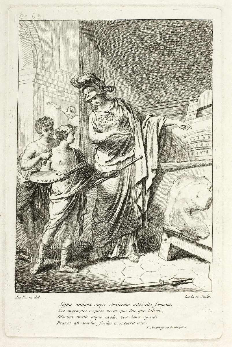 Minerva Teaching a Young Artist, illustration for the Catalogue historique du Cabinet by Mariette by Ange Laurent de La Live de Jully, print, 1745-1779